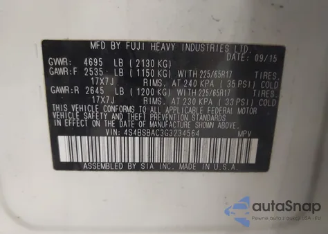 2016 Subaru Outback 2.5I из США, поврежденный, VIN 4S4BSBAC3G3234564